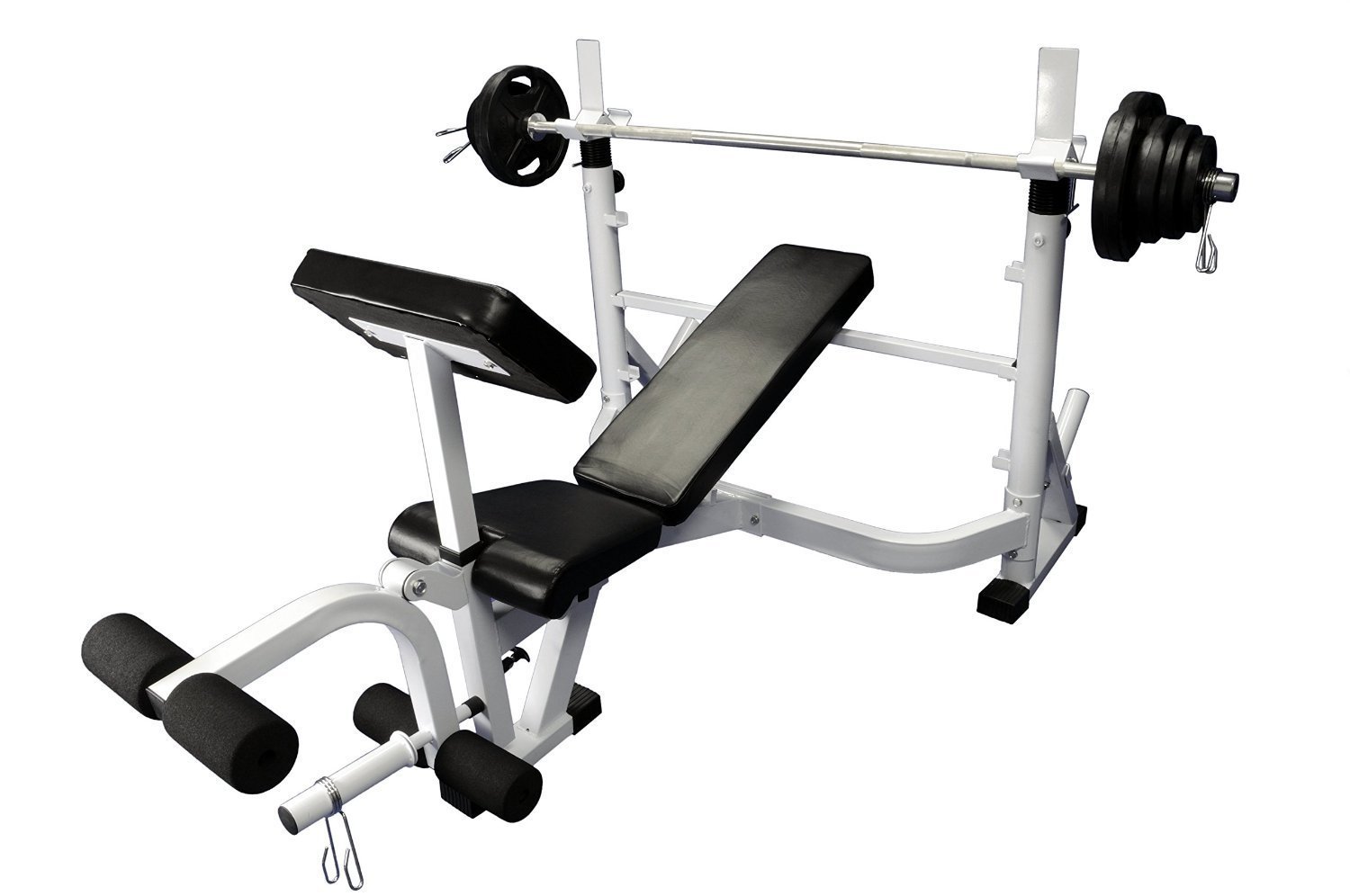 Ader Olympic Universal White Bench w/Bar & 255lbs Gray Easy Grip Olympic Plates Set