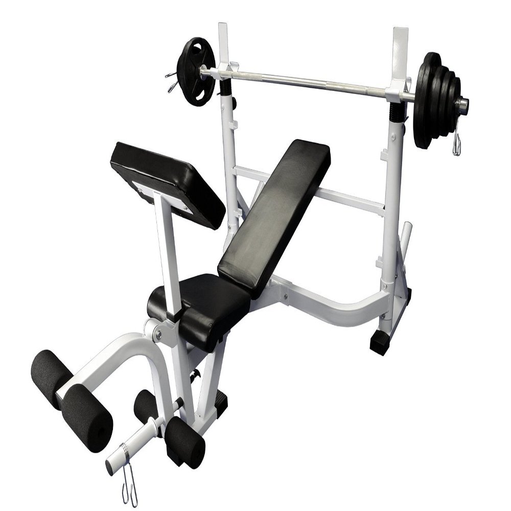 Ader Olympic Universal White Bench w/Gray EZ Grip Olympic Plates and 7' Bar 300lbs Weight Olympic Set
