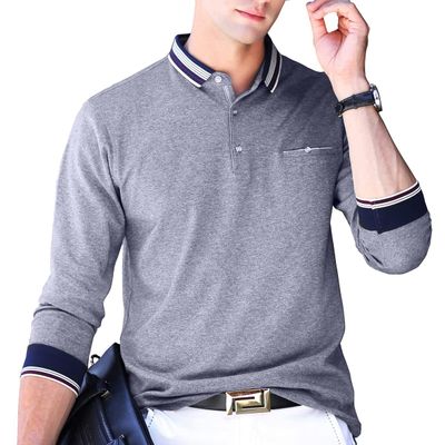 XTAPAN Men's Casual Long Sleeve Slim Fit Polo Cotton T Shirt US S 8889 Grey