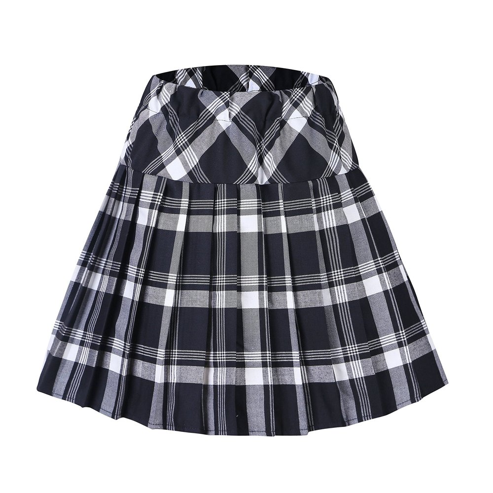 EXCHIC Women's A-Line Mini Skirt Stretchy High Waist Pleated Tennis Skirts Plaid School Uniform Dance Casual Wear (S, 1 White-Black)