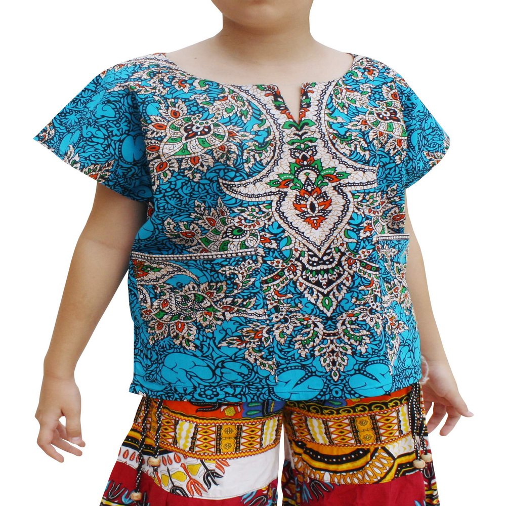 RaanPahMuang Childs Inidian Bright Intricate Ankara Short Sleeve Vase Print Shirt, 10 Years-12 Years, Bondi Blue