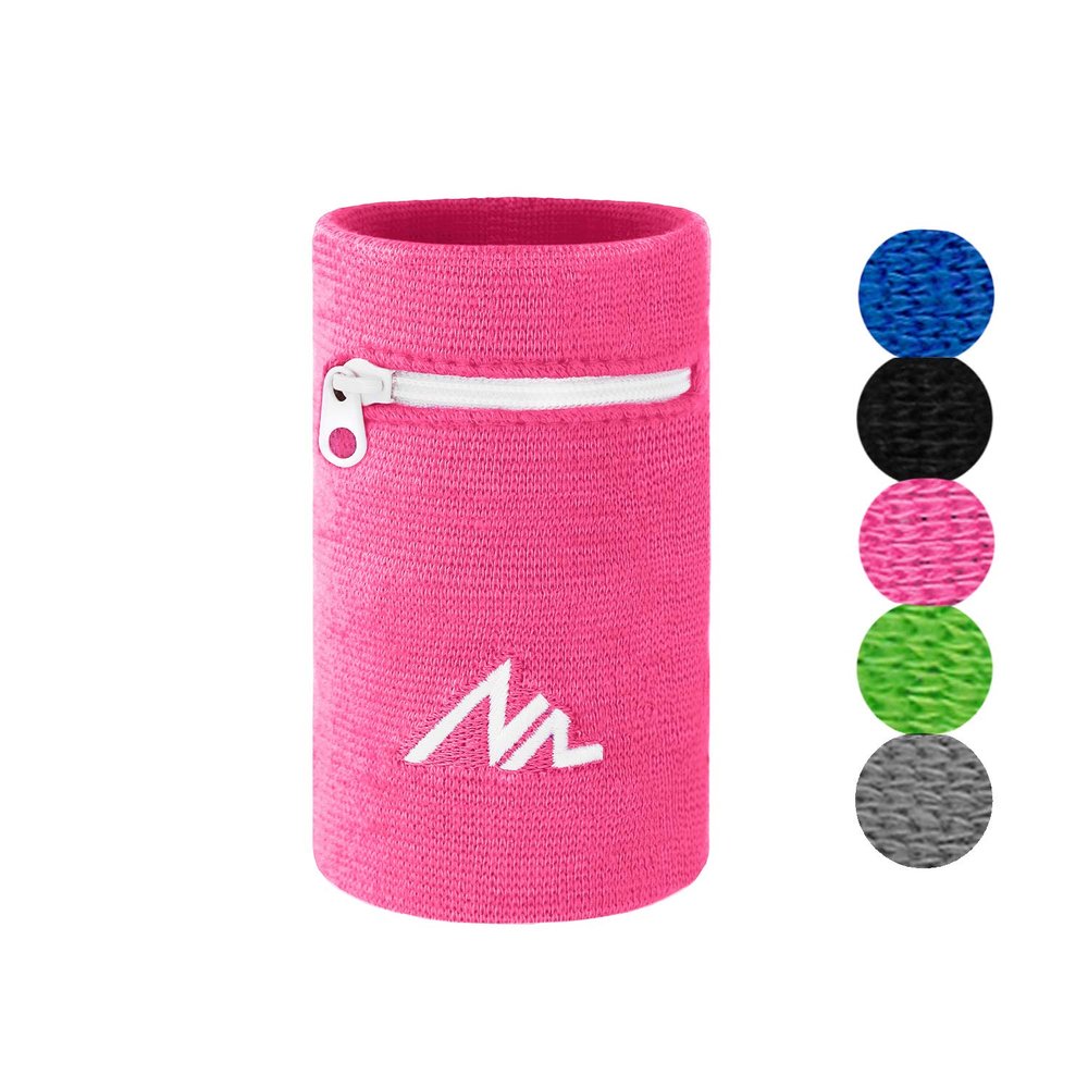 NEWZILL Wrist Wallet Wristband with Zipper - Cotton Sweatbands for Men & Women, Ideal for Sport, Running, Walking, Basketball, Football, Tennis, Hiking, Workout, and More Long Pink