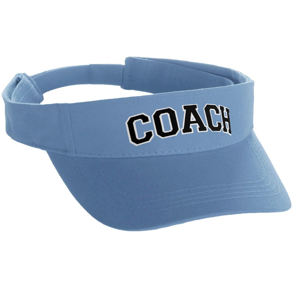 Classic Sport Team Coach Arched Letters Sun Visor Hat Cap Adjustable Back (Sky Hat White Black Letters)