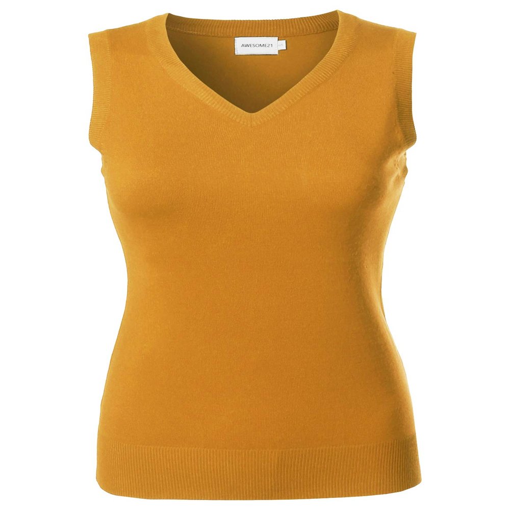 Awesome21 Solid Office Look Soft Stretch Sleeveless Viscose Knit Vest Top Mustard L