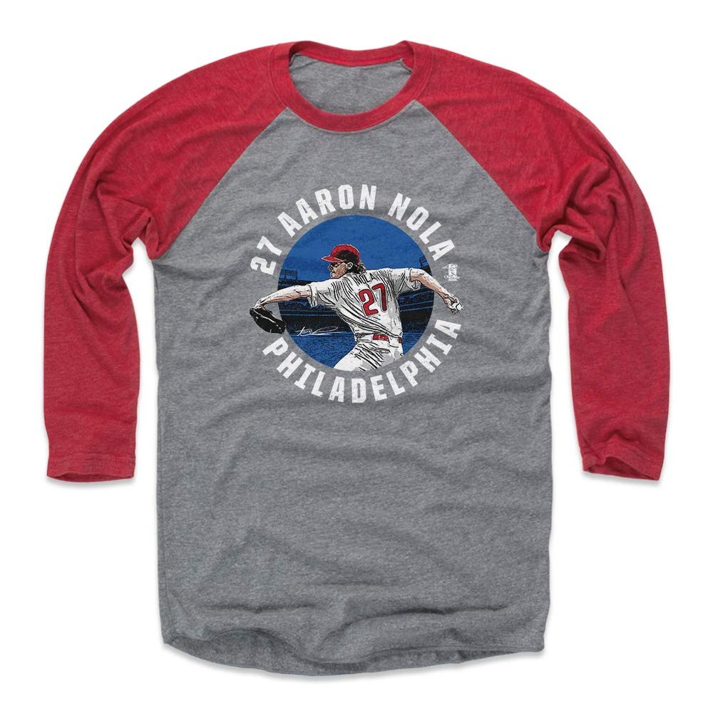 500 LEVEL Aaron Nola 3/4 Sleeve T-Shirt (Baseball Tee, XXX-Large, Red/Heather Gray) - Aaron Nola Badge B WHT