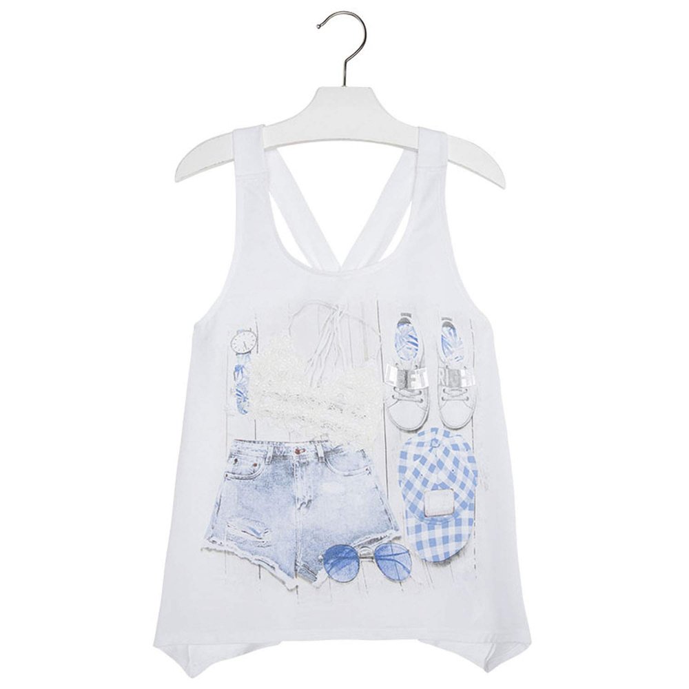 Mayoral Tween Girl 7-18 White Twist Back Embellished Graphic Print Fashion Tank Top, White,14