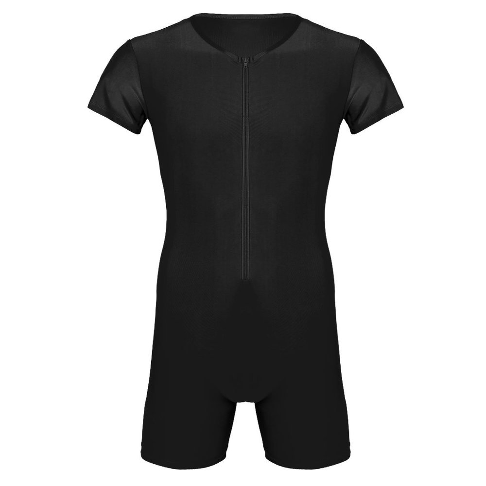 Alvivi Men's Short Sleeves Zipper Shirt Top Boxer Briefs Workout Gymnastics Leotard Bodysuit Black Large