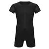 Alvivi Men's Short Sleeves Zipper Shirt Top Boxer Briefs Workout Gymnastics Leotard Bodysuit Black Large view 1