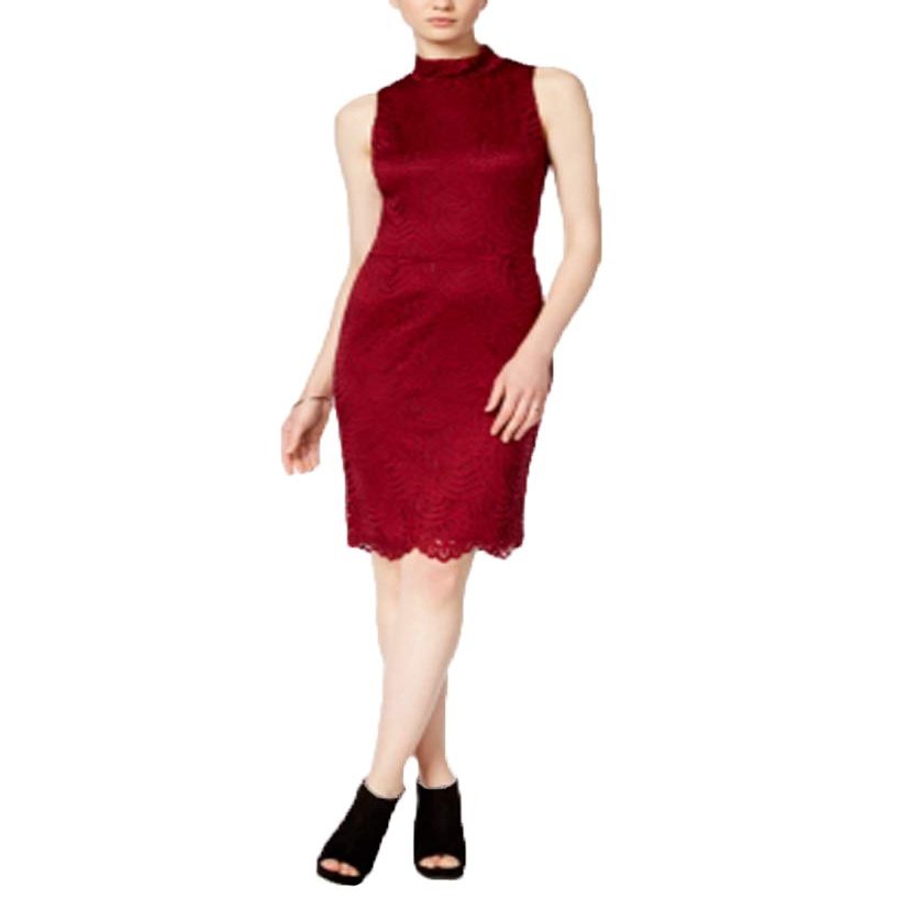 Bar III Womens Lace Mock Neck Cocktail Dress Red S
