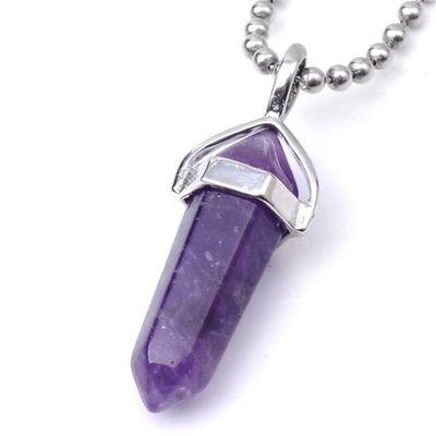 creative club 1pc Real Natural Purple Amethyst Crystal Gemstone Drop Pendant Necklace Healing Reiki Chakras Energy Rock 18 Inch Women Men Stainless Steel Surgical Jewelry GGP-C4