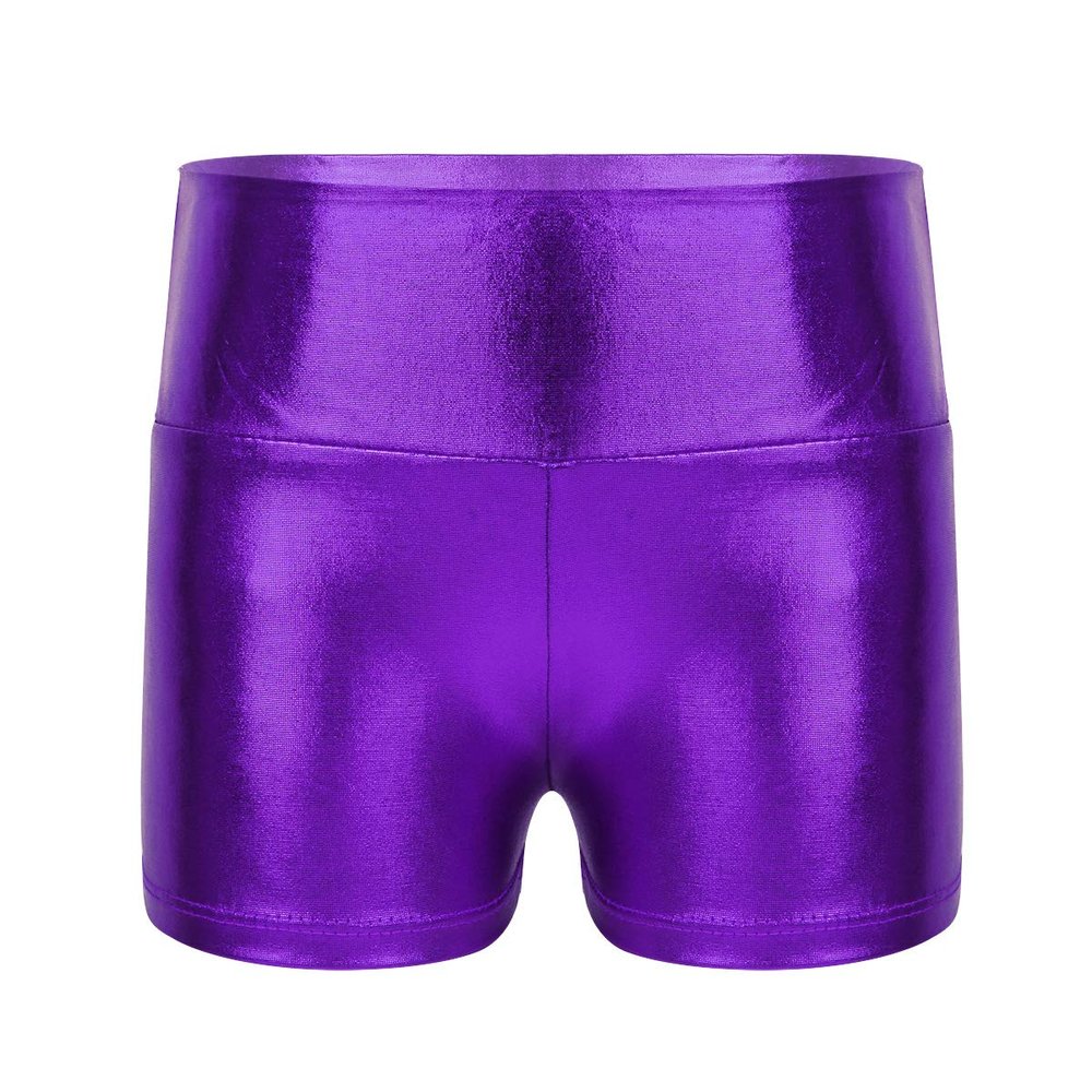 YiZYiF Girls Youth High Waist Stretchy Gymnastics Basics Shiny Metallic Dance Booty Shorts Purple 8