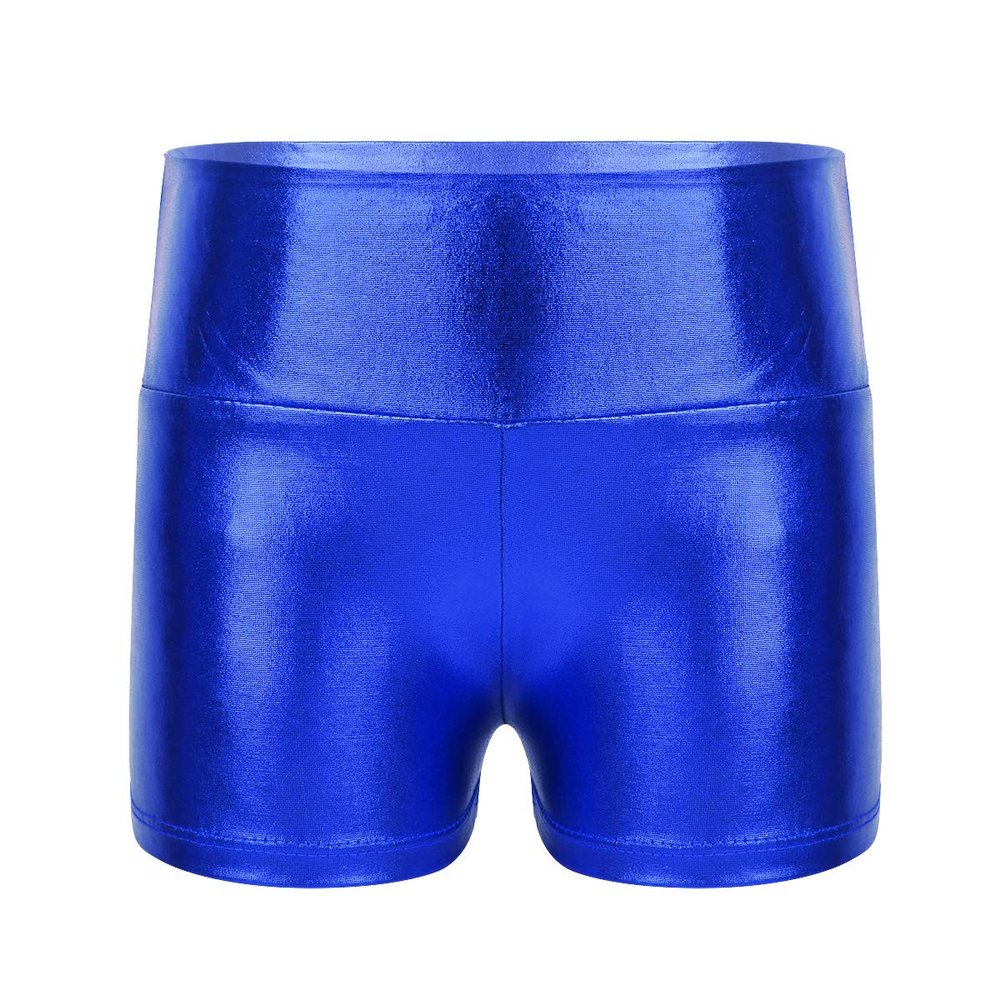 YiZYiF Girls Youth High Waist Stretchy Gymnastics Basics Shiny Metallic Dance Booty Shorts Blue 6