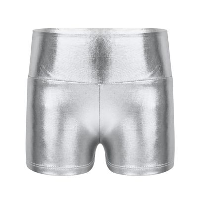 YiZYiF Girls Youth High Waist Stretchy Gymnastics Basics Shiny Metallic Dance Booty Shorts Silver 8