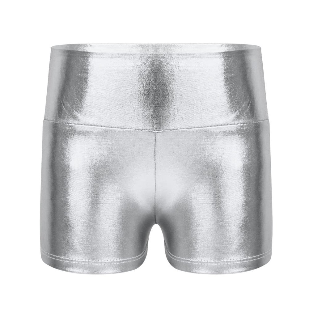 YiZYiF Girls Youth High Waist Stretchy Gymnastics Basics Shiny Metallic Dance Booty Shorts Silver 8