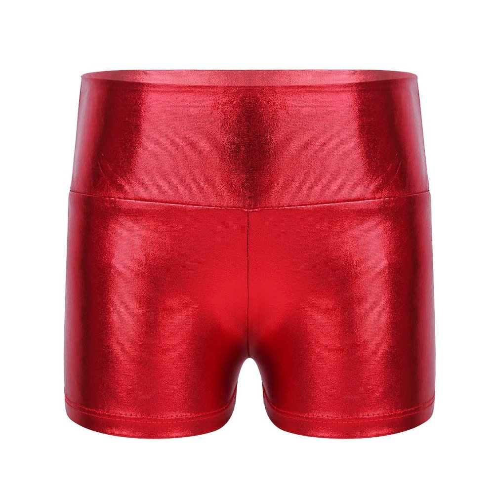 YiZYiF Girls Youth High Waist Stretchy Gymnastics Basics Shiny Metallic Dance Booty Shorts Red 8