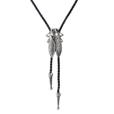AZORA Cicada Insect Bug Bolo Tie Necklace Genuine Vegan Leather Braided Cord Western Cowboy Neck Tie Wedding Gift Men Women
