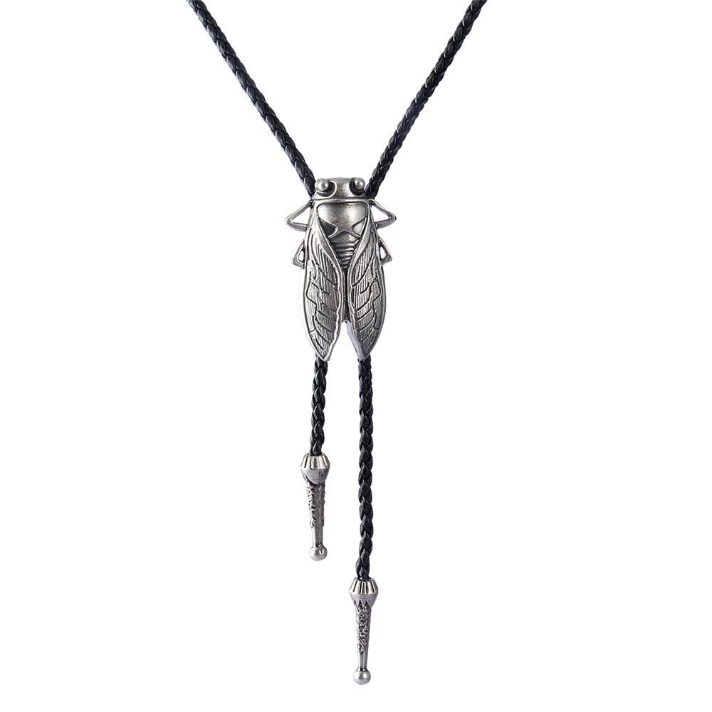 AZORA Cicada Insect Bug Bolo Tie Necklace Genuine Vegan Leather Braided Cord Western Cowboy Neck Tie Wedding Gift Men Women