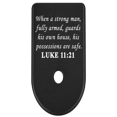 NDZ Performance Magazine Base Plate Finger Extension for Glock Gen 1-5 9MM .40 .357 SIG Laser Engraved Anodized Aluminum in Black - Bible Luke 11:21