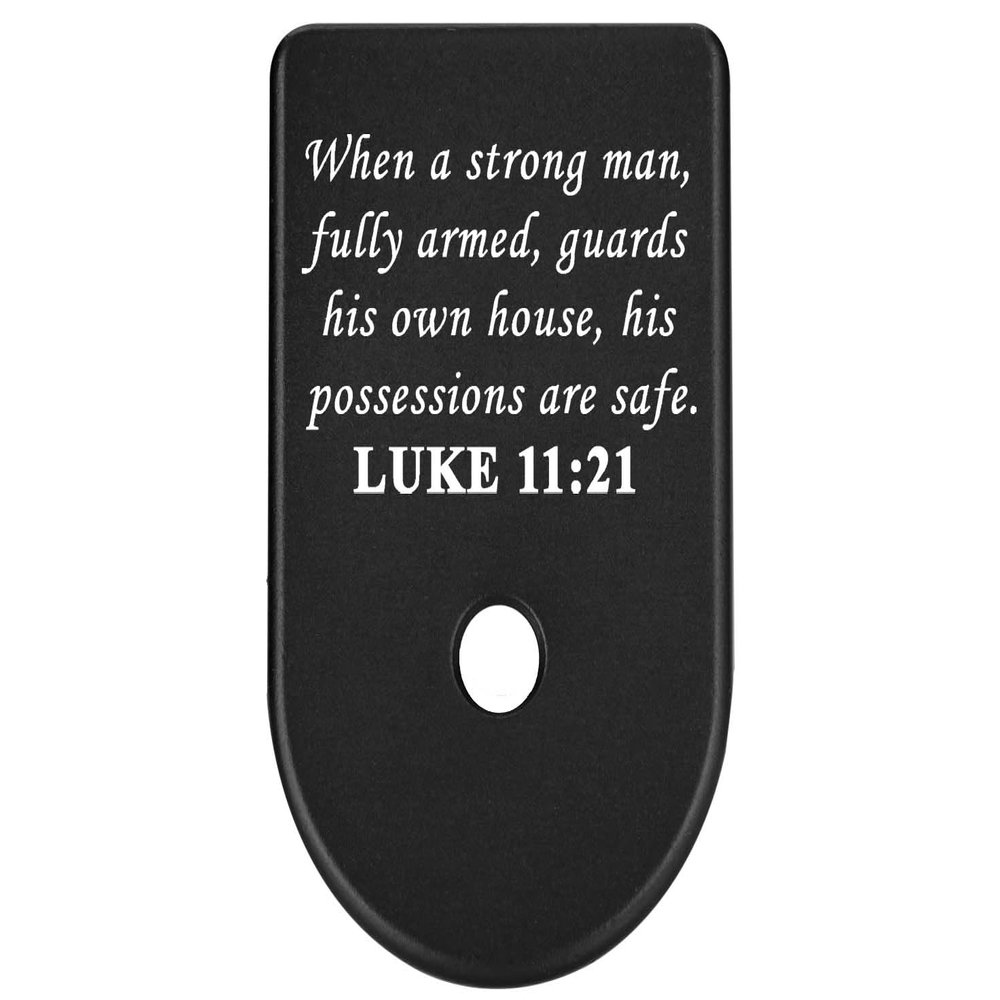 NDZ Performance Magazine Base Plate Finger Extension for Glock Gen 1-5 9MM .40 .357 SIG Laser Engraved Anodized Aluminum in Black - Bible Luke 11:21