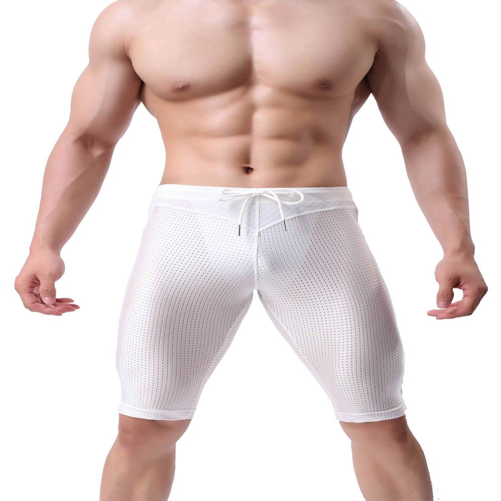 BRAVE PERSON Men's Mesh Elastic Training Shorts Swim Trunks Beach Pants 2240 (M / 28"-32", 002 White