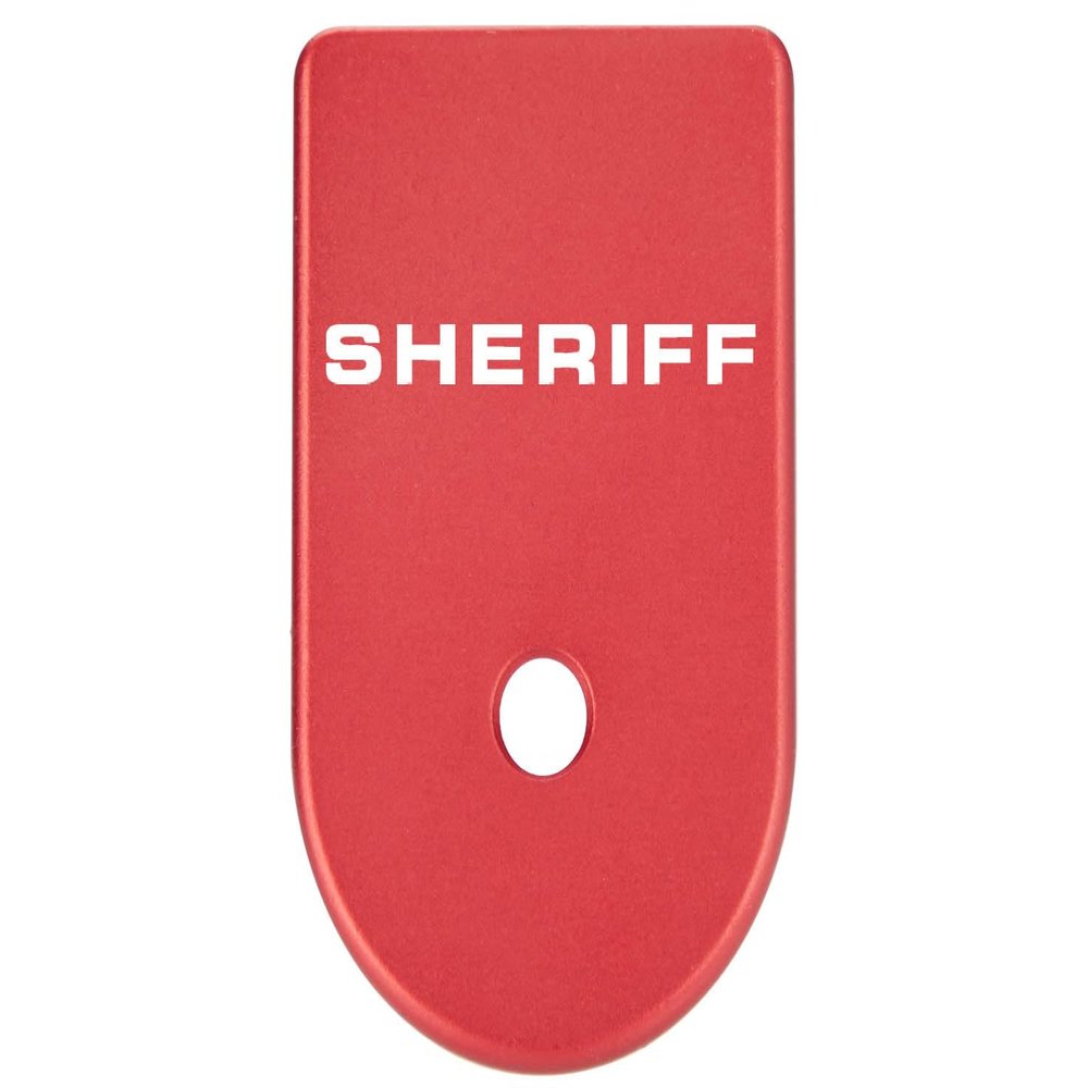 NDZ Performance Magazine Base Plate Finger Extension for Glock Gen 1-5 9MM .40 .357 SIG Laser Engraved Anodized Aluminum in Red - Sheriff Text