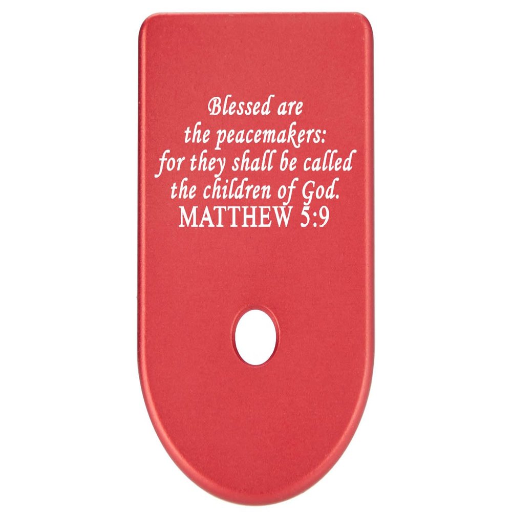 NDZ Performance Magazine Base Plate Finger Extension for Glock Gen 1-5 9MM .40 .357 SIG Laser Engraved Anodized Aluminum in Red - Bible Matthew 5:9
