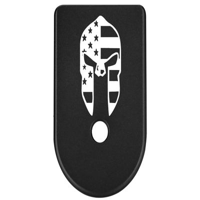 NDZ Performance Magazine Base Plate Finger Extension for Glock Gen 1-5 9MM .40 .357 SIG Laser Engraved Anodized Aluminum in Black - Spartan Helmet US Flag