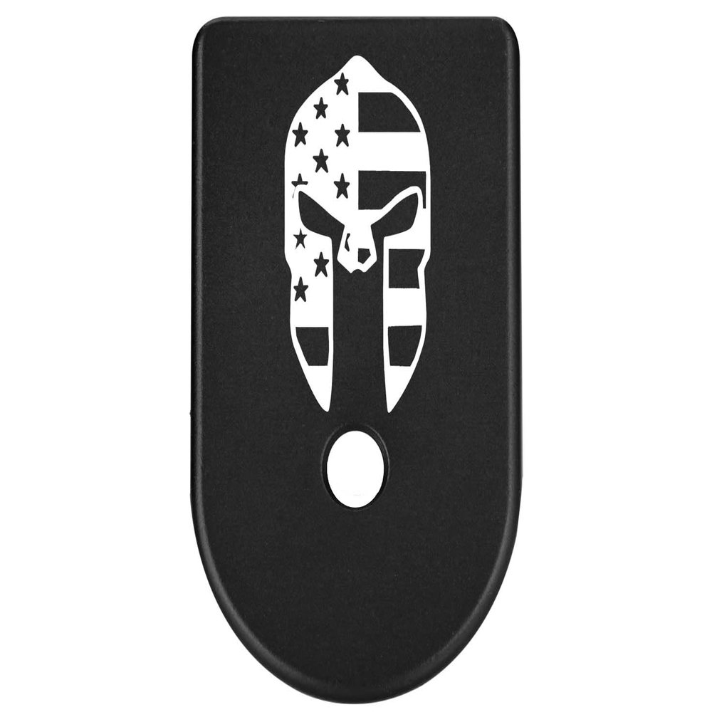 NDZ Performance Magazine Base Plate Finger Extension for Glock Gen 1-5 9MM .40 .357 SIG Laser Engraved Anodized Aluminum in Black - Spartan Helmet US Flag