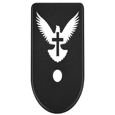 NDZ Performance Magazine Base Plate Finger Extension for Glock Gen 1-5 9MM .40 .357 SIG Laser Engraved Anodized Aluminum in Black - Bible Dove Cross