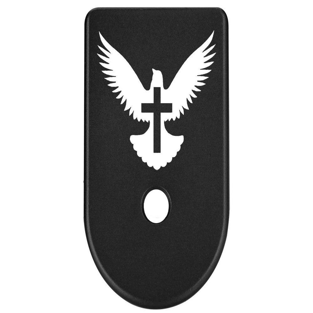 NDZ Performance Magazine Base Plate Finger Extension for Glock Gen 1-5 9MM .40 .357 SIG Laser Engraved Anodized Aluminum in Black - Bible Dove Cross
