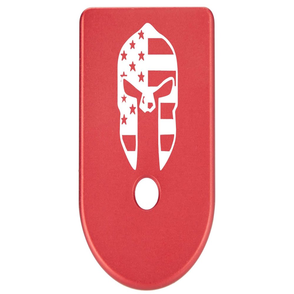 NDZ Performance Magazine Base Plate Finger Extension for Glock Gen 1-5 9MM .40 .357 SIG Laser Engraved Anodized Aluminum in Red - Spartan Helmet US Flag