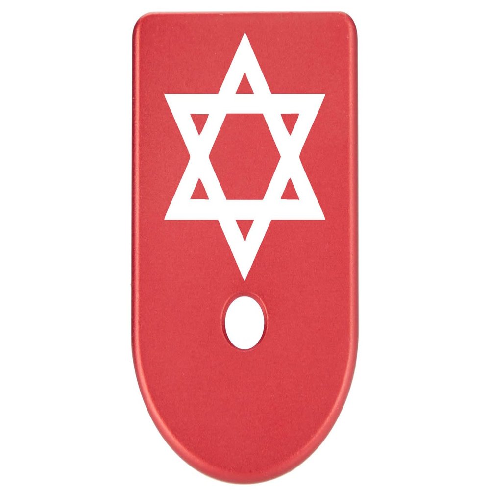 NDZ Performance Magazine Base Plate Finger Extension for Glock Gen 1-5 9MM .40 .357 SIG Laser Engraved Anodized Aluminum in Red - Star of David Mogen Dovid