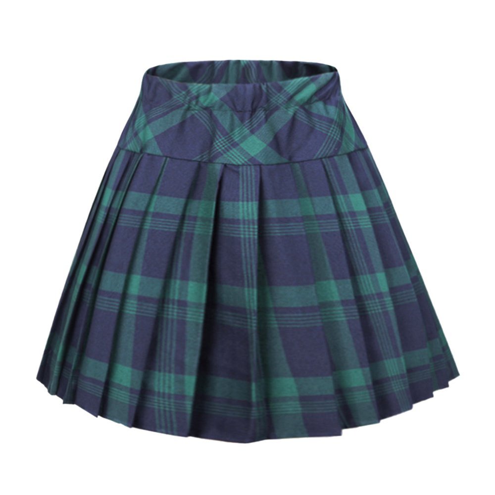 EXCHIC Women's A-Line Mini Skirt Stretchy High Waist Pleated Tennis Skirts Plaid School Uniform Dance Casual Wear (S, 1 Green)