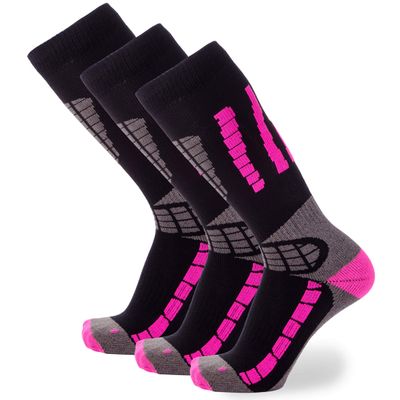 Pure Athlete Kids Ski Socks - Merino Wool OTC Winter Skiing Sock for Boys Girls (3 Pairs - Black/Neon Pink, X-Small-Small)