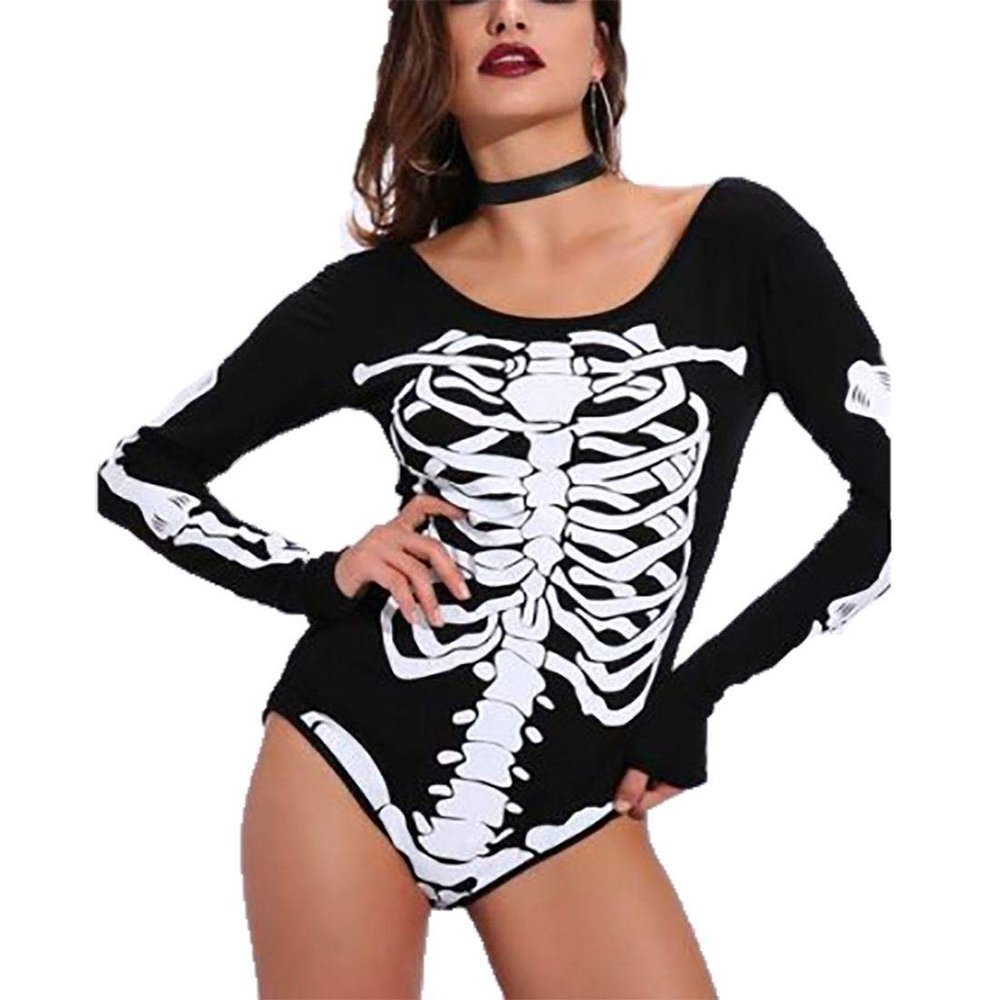 Ladies Round Neck Skelton Printed Leotard Bodysuit Womens Long Sleeve Stretch Halloween Top X Large US 12-14