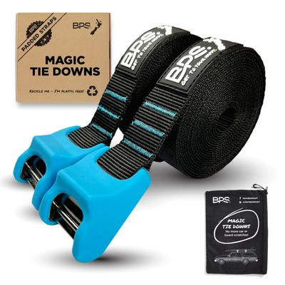 BPS Magic Tie Down Straps for Roof Rack - No Scratch 15 feet Tie Downs 2-Pack Surfboard Straps Silicone Buckle Cover with Storage Bag Made from Recycled Plastics SUP Kayak Canoe Paddle Board