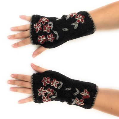 Ella Sussman Hand Knit Fingerless Embroidered Flower Winter Wool Texting Gloves Mittens Warm Fleece Lined (Black)