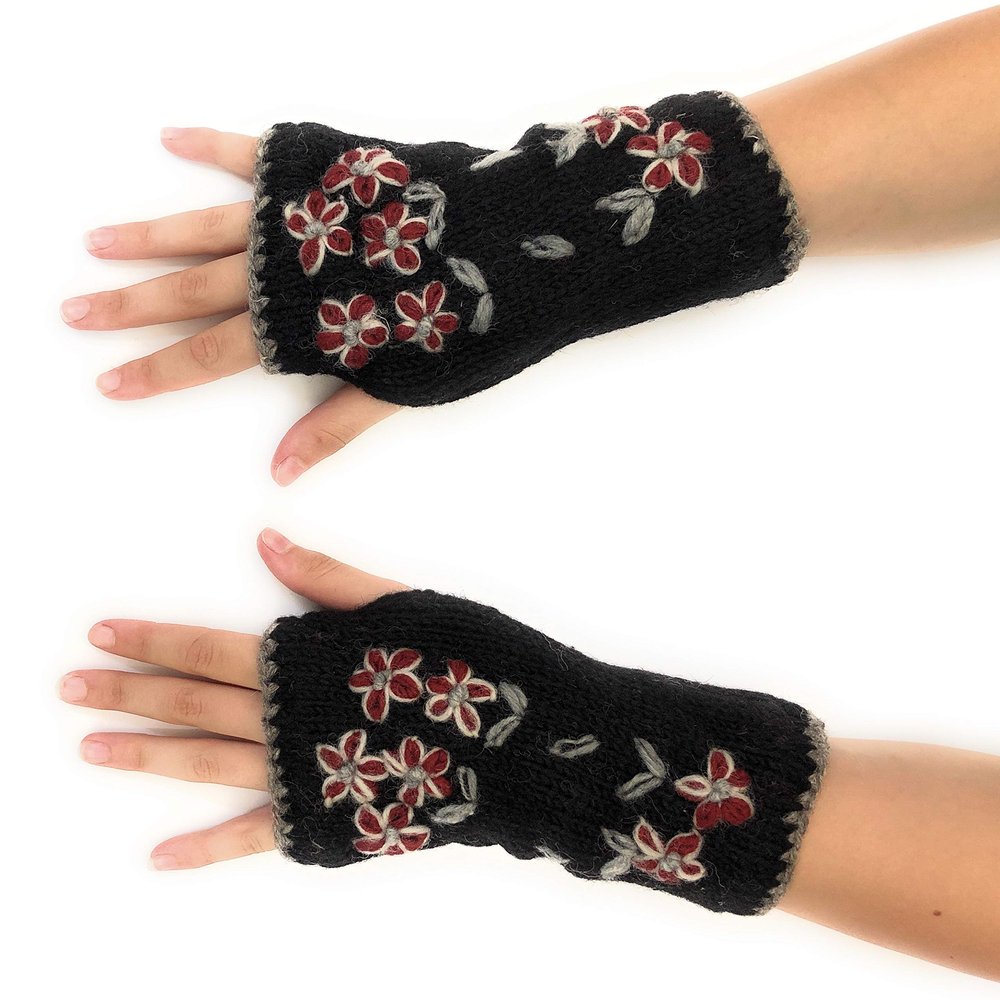 Ella Sussman Hand Knit Fingerless Embroidered Flower Winter Wool Texting Gloves Mittens Warm Fleece Lined (Black)