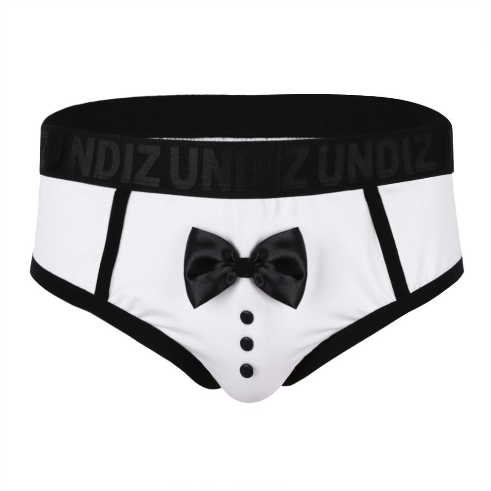 ACSUSS Mens Sexy Tuxedo Bow Tie Thongs Lingerie Bikini Briefs Underwear White X-Large(Waist 35.0-43.0"/88-110cm)