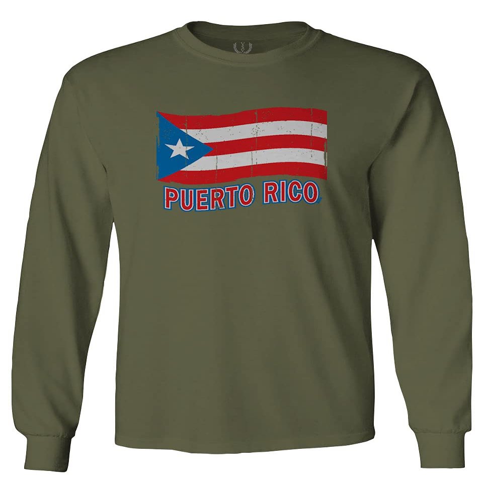 0037 Bandera Puerto Rico Flag Boricua Puerto Rican Nuyorican Pride Men's Long Sleeve t Shirt (Olive, X-Large)