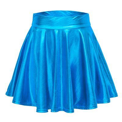 EXCHIC Women's Shiny Metallic Wet Look Stretchy Flared Mini Skater Skirt (S, Lake Blue)