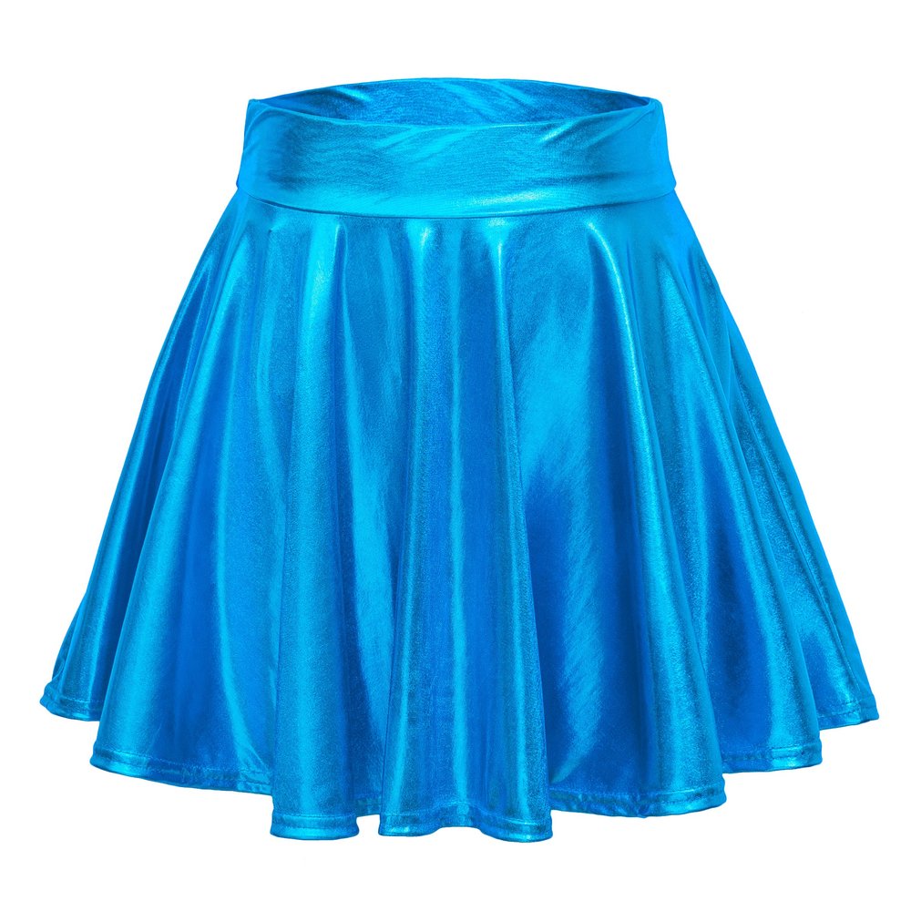 EXCHIC Women's Shiny Metallic Wet Look Stretchy Flared Mini Skater Skirt (S, Lake Blue)