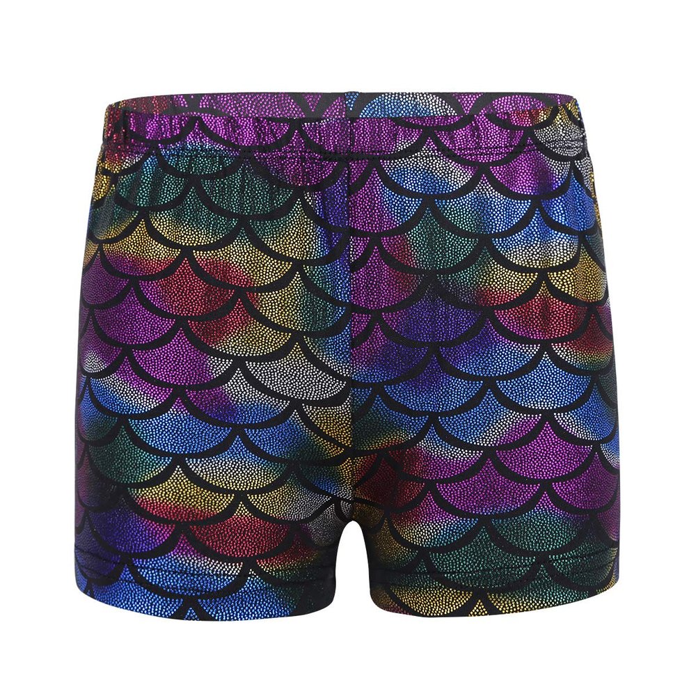 Agoky Kids Girls Shiny Fish Mermaid Scales Printed Dance Gymnastic Workout Shorts Colorful 3-4