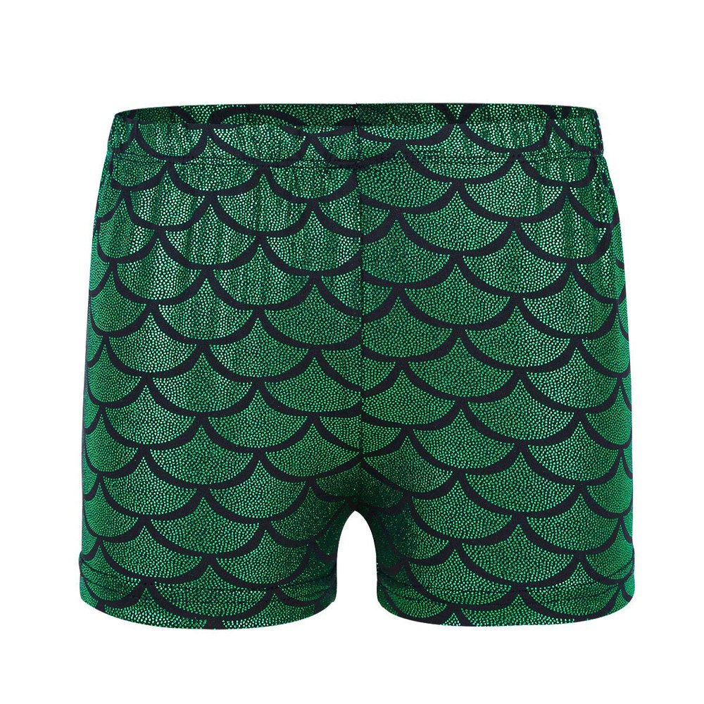 Agoky Kids Girls Shiny Fish Mermaid Scales Printed Dance Gymnastic Workout Shorts Green 3-4