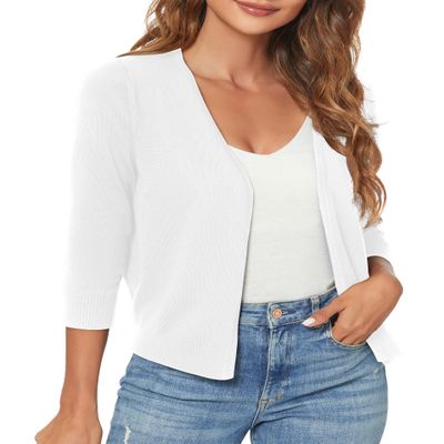 Urban CoCo Women's 3/4 Sleeve Shrugs Open Front Cropped Sweater Caidigan (White, L)