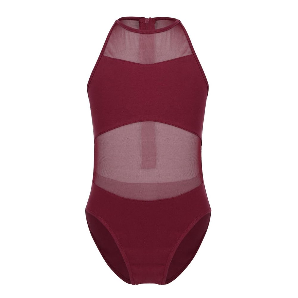 Agoky Little Big Girls Mesh Splice Dance Clothing Set Camisole Retro Gymnastics Leotard Unitard Biketard Ballet Dancewear Burgundy 3-4 Years