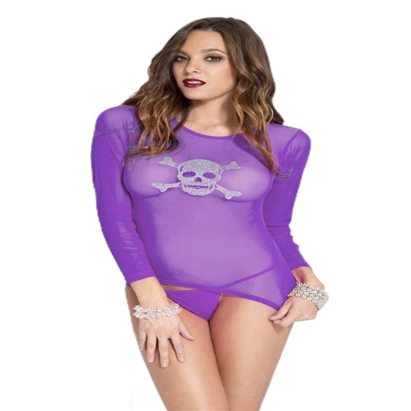 Music Legs 9182-PURPLE Long Sleeve Mesh Top with Silver Cross Bone Print Accessories, Purple