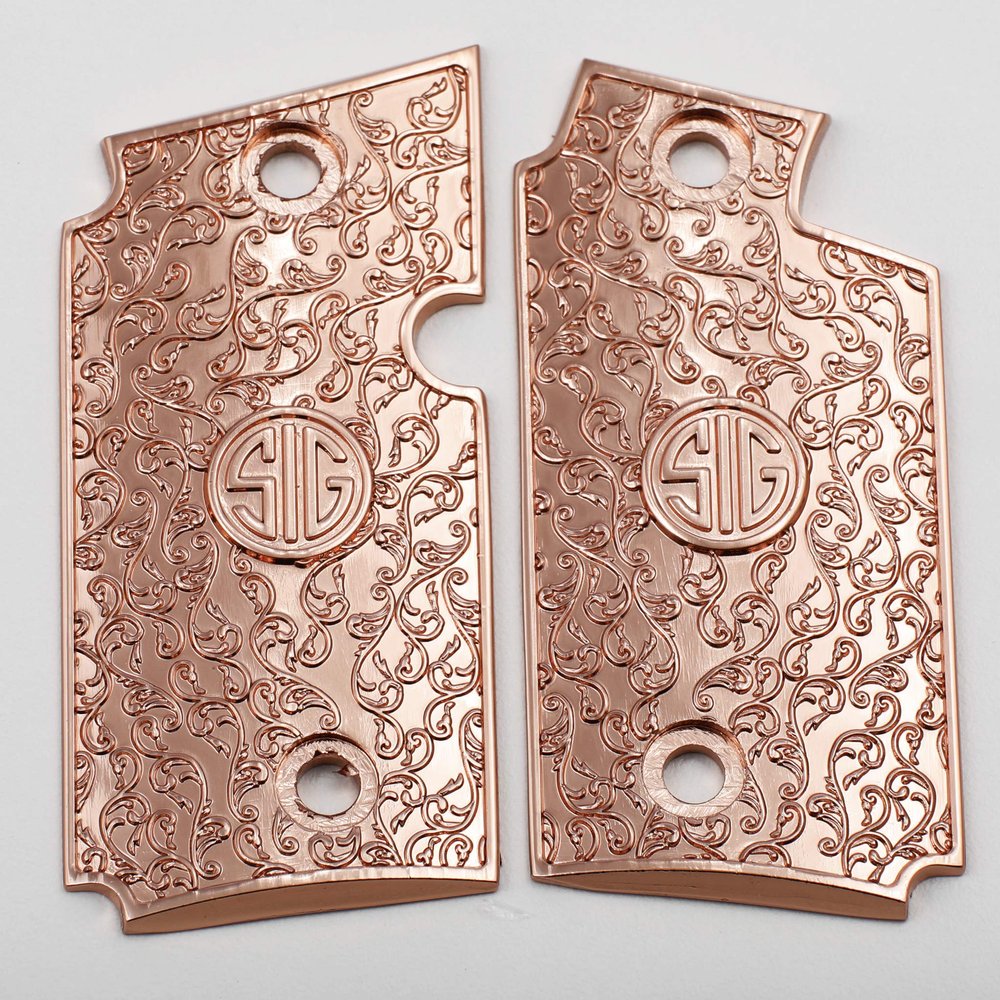 Custom Metal Pistol Grips Scroll Design, Rose Gold Finish Compatible with P238