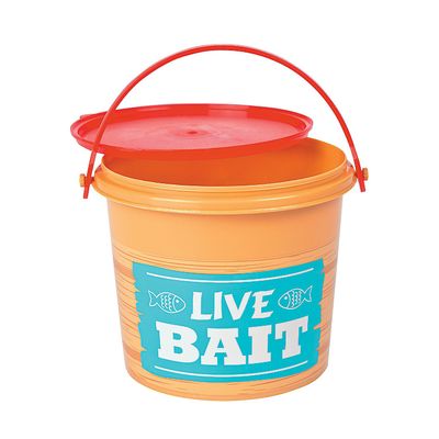 Fun Express Fishing Birthday Party Decorations Mini Buckets - Live Bait Bucket Design Small Plastic Pails with Lids for Kids Party Favors | Fishing Themed Party Supplies Set of 12 - Blue 4.5 Inch