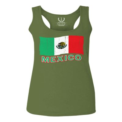 0038. Distressed Bandera Mexico Mexican Flag Coat of arms Mexicano 5 de Mayo Women's Tank Top Racerback (Olive, Medium)